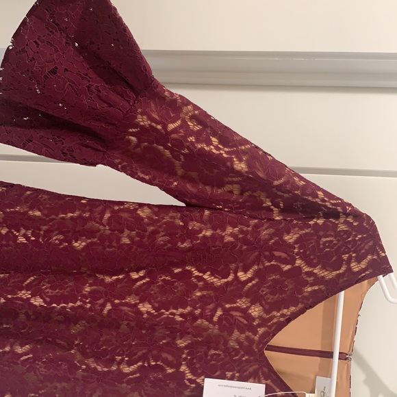 Lace Overlay Nude/Burgundy Dress - Picture 3 of 6